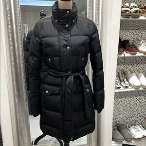 J.Crew Black Puffer Jacket with tie waist and detachable hood
